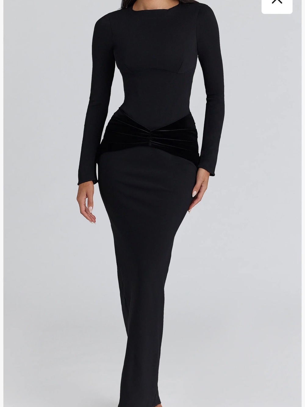 House of CB Athena Black Long-Sleeve Maxi Dress with Velvet Waist